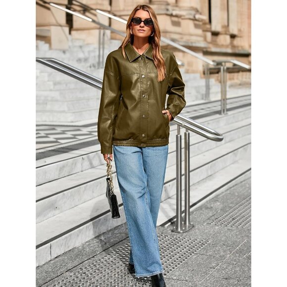 Women's Oversized Faux Leather Green Jacket Button Down Moto Bomber Winter Coat - Picture 5 of 6